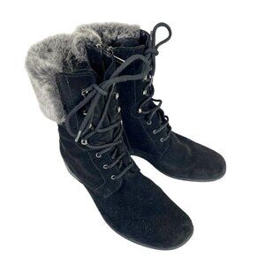 Aquatalia Womens Sz 8 Black Suede Lace Up Combat Boots Wedge Heel Faux Fur Lined